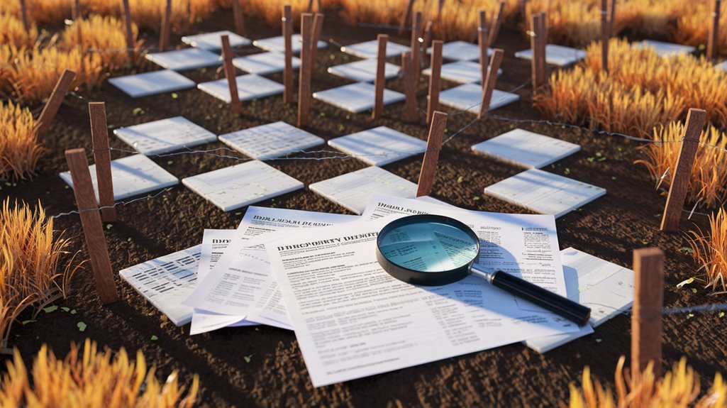 Scattered documents and a magnifying glass on a chessboard-like field with dry grass.