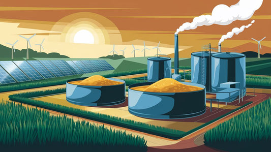 Illustration of a biofuel plant with silos, solar panels, wind turbines, and a smokestack, set against a sunset background.