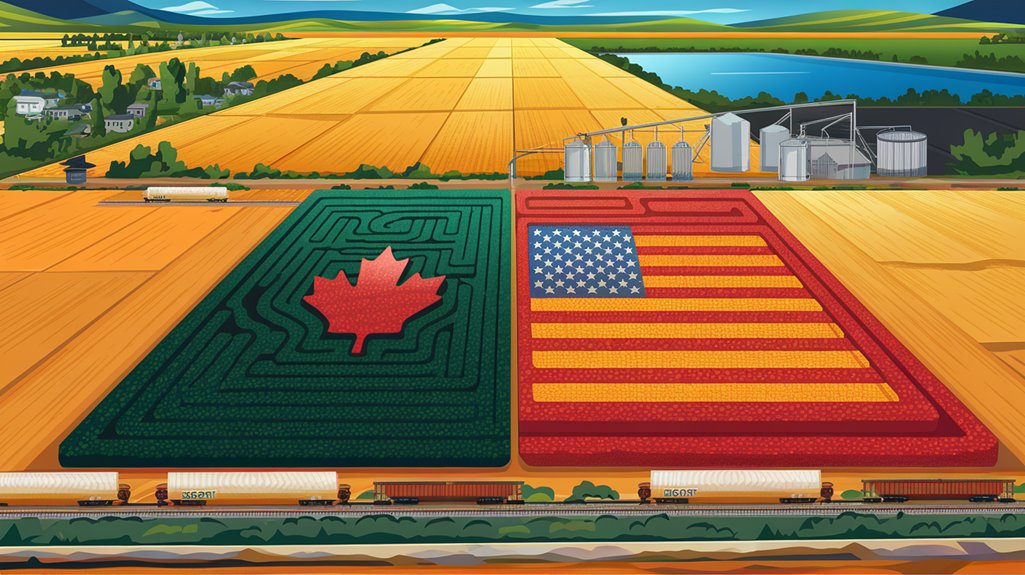 Field with a maple leaf maze beside a field with a U.S. flag maze, farm buildings, and trains in the background.