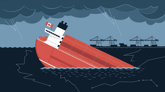 Illustration of a tilting cargo ship in stormy seas with lightning, a Canadian flag, and distant cranes at a port.