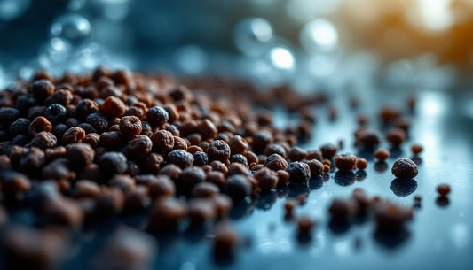 Close-up of scattered brown canola seeds on a reflective surface with soft, blurred lighting in the background.