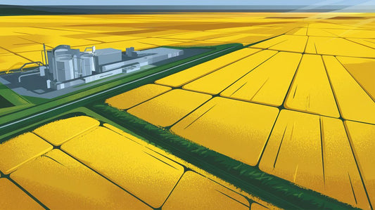 Illustration of a large, yellow agricultural field with a factory complex on the horizon under a blue sky.