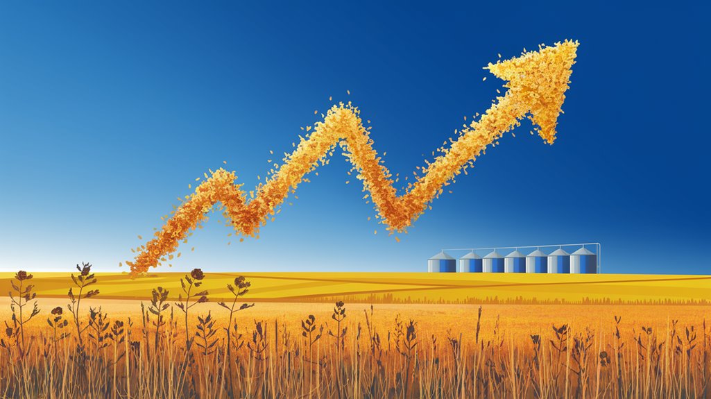 A golden wheat field with an upward arrow made of leaves against a blue sky, symbolizing growth. Silos in the background.