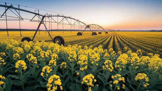 A field of vibrant yellow flowers with a large irrigation system under a colorful sunset sky.