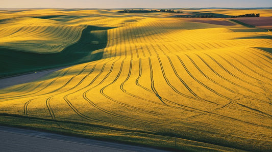 Golden fields under a clear sky, with gentle hills and shadows creating a wave-like pattern in the landscape.