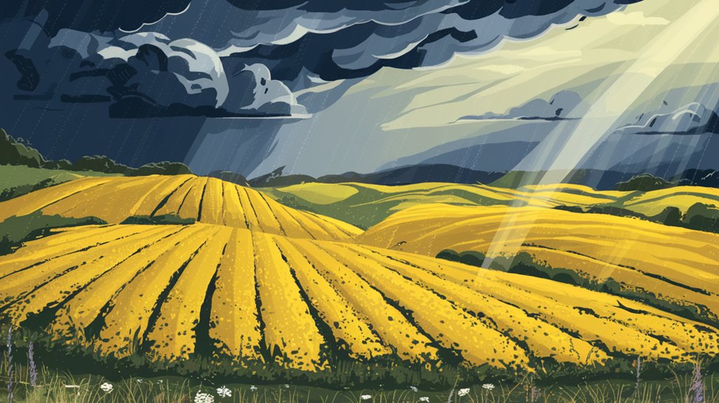 Illustration of a yellow field under a dramatic sky with dark storm clouds and sun rays breaking through.