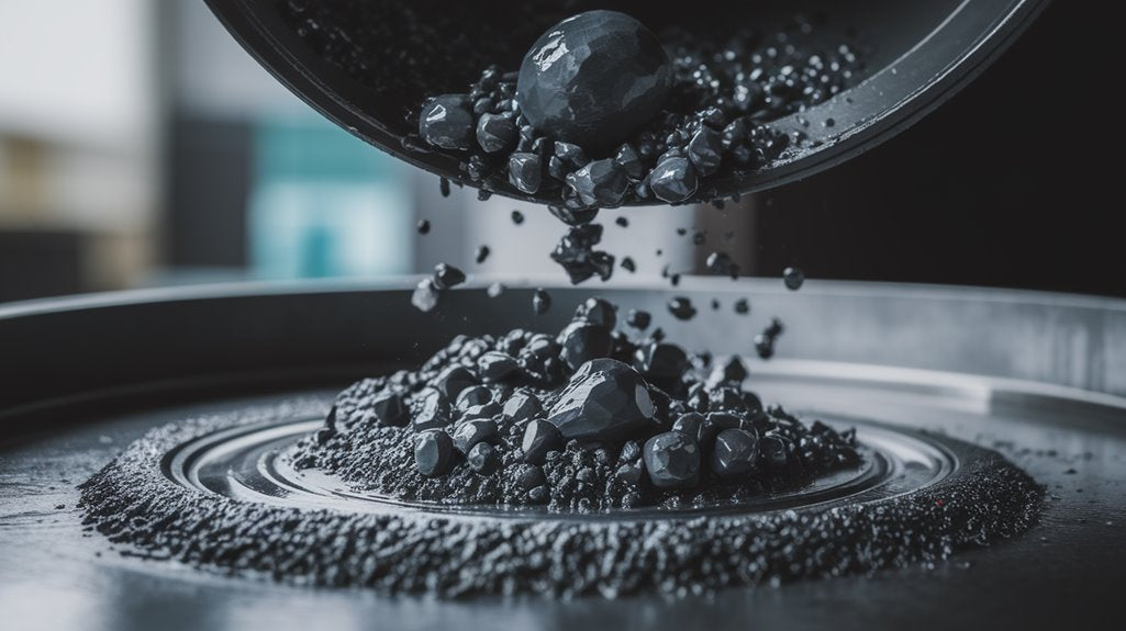 Dark, shiny metallic spheres and fragments being poured onto a circular black surface, with scattered pieces around.