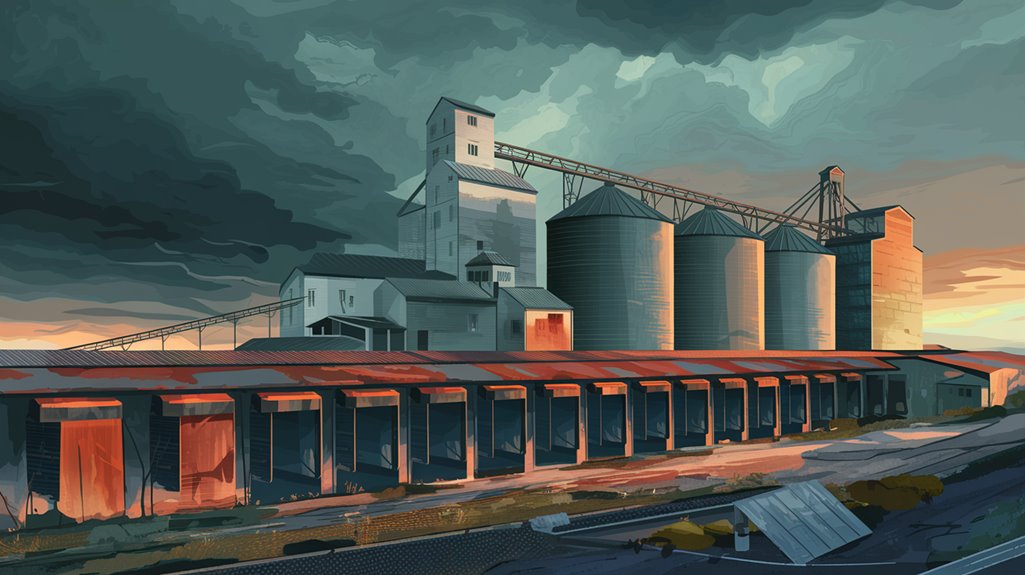 Illustration of a farm with silos, buildings, and stormy skies, illuminated by the setting sun.