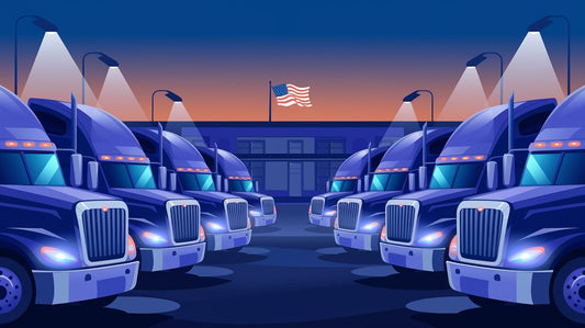 Illustration of parked semi-trucks under streetlights at dusk, with an American flag in the background.