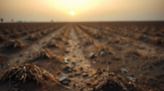 A dry, barren agricultural field at sunset, with rows of withered plants, symbolizing challenges in water management and agricultural flow metering during drought conditions.