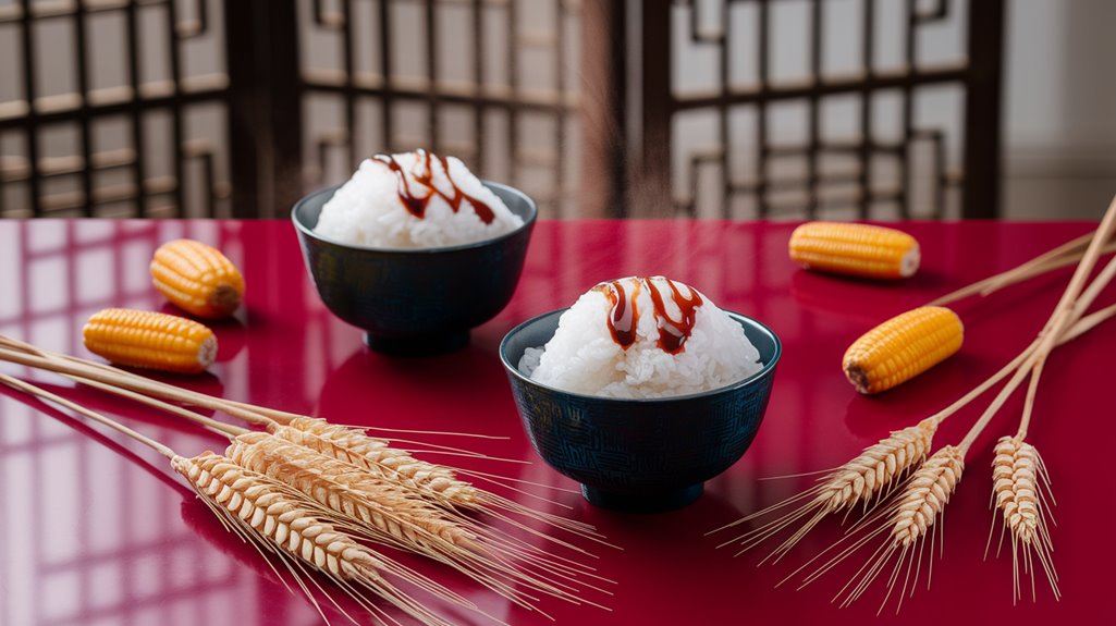 Two bowls of steaming rice with sauce, surrounded by corn cobs and wheat stalks, on a red table with a decorative backdrop.