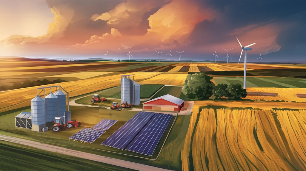 Aerial view of a farm with solar panels, wind turbines, silos, and fields under a dramatic cloudy sky at sunset.