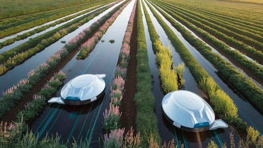 Two futuristic drones hover over a lush green farmland with parallel rows of crops and irrigation channels.