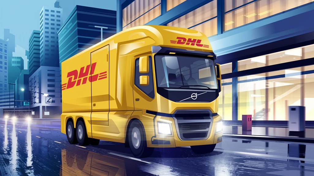 Illustration of a yellow DHL truck driving through a city street, with modern buildings and reflections on wet pavement.