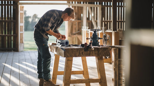 Man working in a rustic workshop diagnosing a flow meter on a wooden workbench