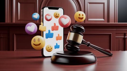 A smartphone with social media icons hovers near a judge's gavel on a wooden table in a courtroom setting.