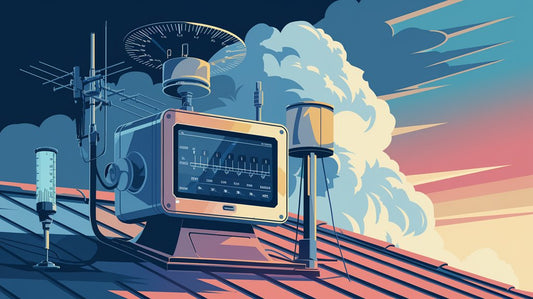 Futuristic weather station on a rooftop with various sensors and antennas, set against a dramatic sky with clouds.