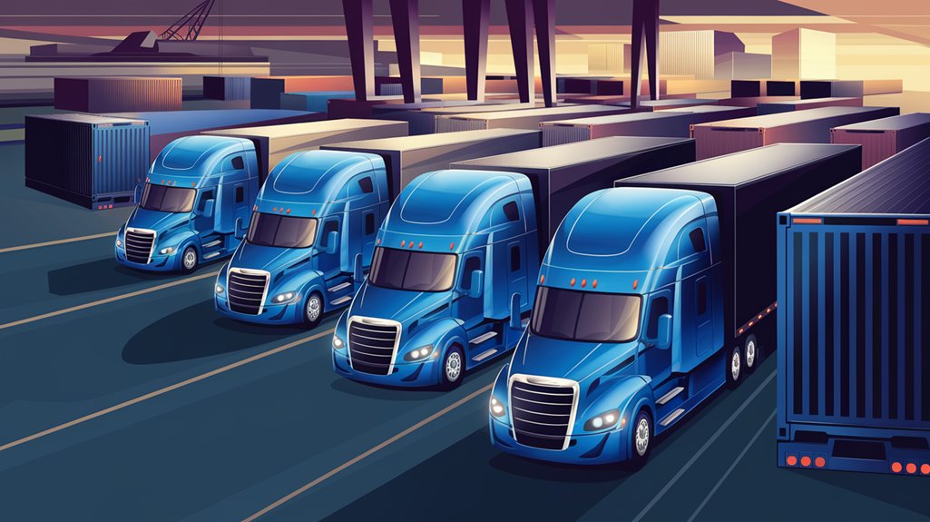 Illustration of four blue semi-trucks parked in a row at an industrial freight yard with shipping containers and cranes.