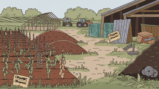 A cartoon farm with crops, compost piles, a tractor, greenhouse, and signs labeled "Organic.