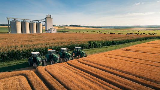 Four tractors in a harvested wheat field with a silo and distant cattle under a clear sky.