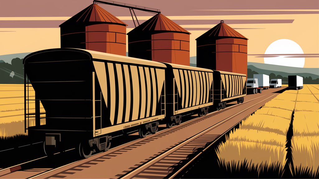 Illustration of train cars on tracks near tall silos in a rural landscape at sunset, with distant trucks on a parallel road.