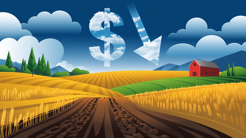 Illustration of a farm landscape with a red barn, crops, a dollar sign in the sky, and a downward arrow.