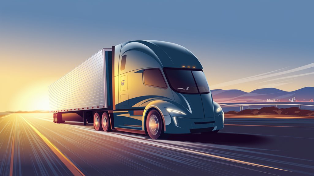 Futuristic semi-truck driving on a highway at sunset, with mountains in the background.