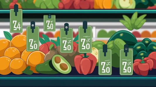 Cartoon produce section with vibrant fruits and vegetables, green price tags, and colorful leafy greens in the background.