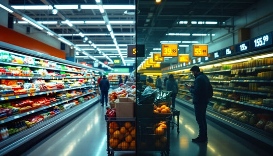 A dimly lit supermarket aisle with bright produce on the left and dimly lit shelves on the right; a person examines oranges.