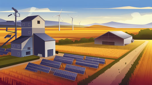 A rural landscape with solar panels, wind turbines, and farm buildings under a clear sky during sunset.