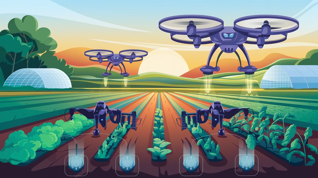 Drones hovering over a field monitor crops at sunrise, with greenhouses and rows of plants in a vibrant rural landscape.