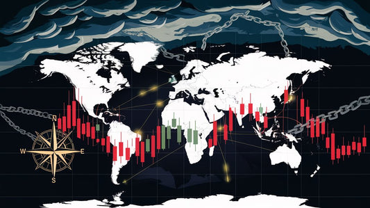 A stylized world map with candlestick charts overlaid, chains and compass in the background, depicting global market dynamics.