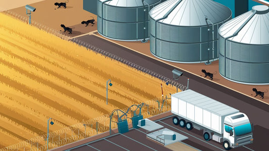 Illustration of a farm with grain silos, a wheat field, security cameras, guard dogs, and a white truck near a gate.