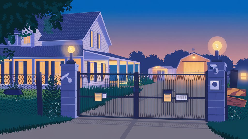 A modern house with a lit porch and a barn in the background, seen behind a gated driveway at dusk, featuring security cameras.