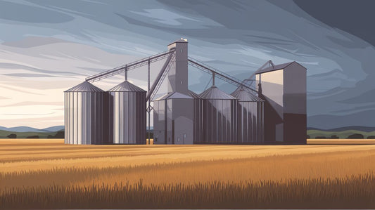 Illustration of large grain silos standing in a golden field under a dramatic, cloudy sky.