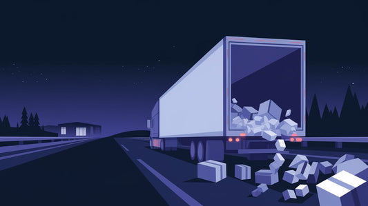 A truck on a dark road with its back open, spilling large cubes onto the roadway.