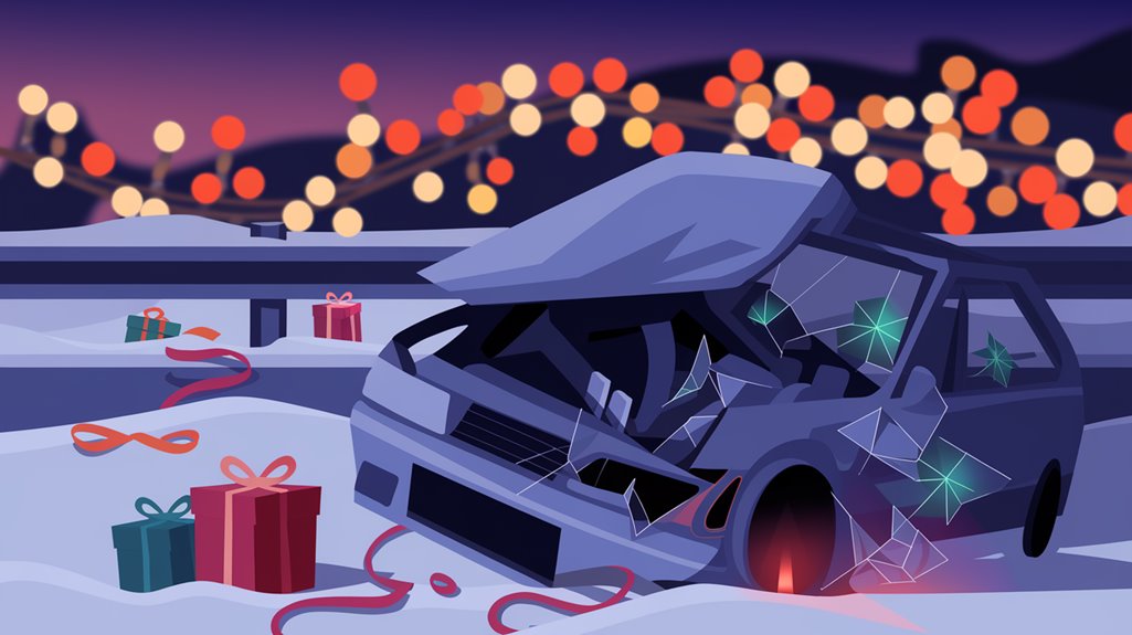 Crashed car with shattered windows on snowy road, surrounded by Christmas gifts and colorful lights in the background.