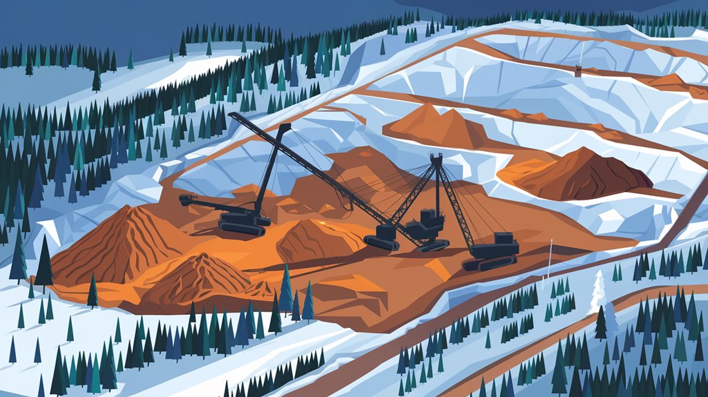 Illustration of a snowy landscape with excavators digging into exposed orange soil, surrounded by evergreen trees.