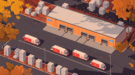 Illustration of a warehouse with loading docks and five delivery trucks outside, surrounded by autumn leaves and stacked pallets.