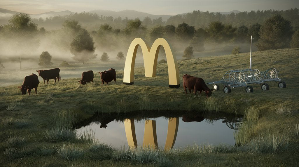 Cows grazing near a pond with a large, golden arch and a futuristic vehicle in a misty rural landscape.