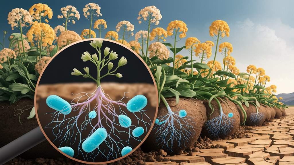 Illustration of plants in soil with roots and blue bacteria, magnified by a lens in a cracked earth environment.