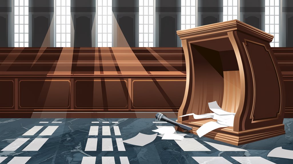 A courtroom scene with scattered papers and an overturned podium under dramatic lighting from tall windows.