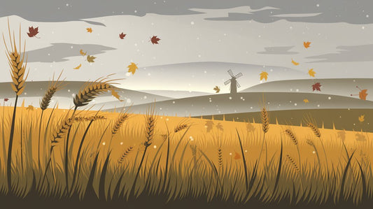 Autumn landscape with golden wheat fields, falling leaves, rolling hills, and a distant windmill under a cloudy sky.