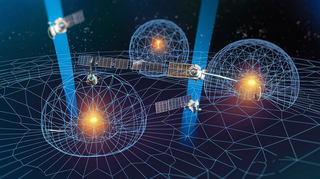 Illustration of satellites in space, each with beams connecting to spherical networks, over a grid-patterned surface.