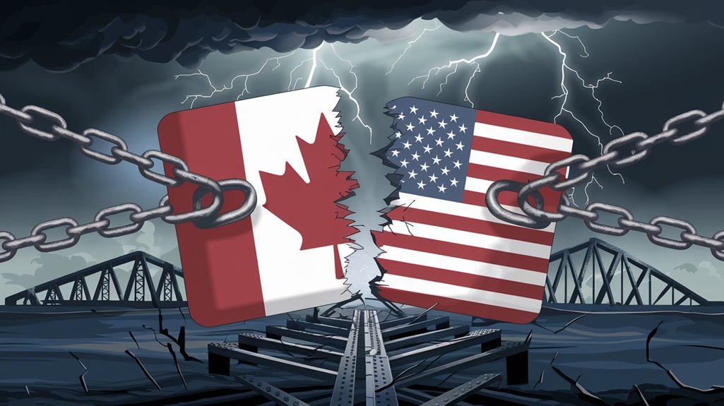 Illustration of Canada and U.S. flags on chained boards splitting apart on a broken bridge with a stormy sky background.