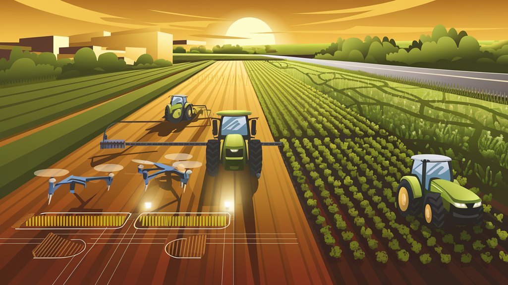 Futuristic agricultural scene with tractors and drones working on a field at sunset.