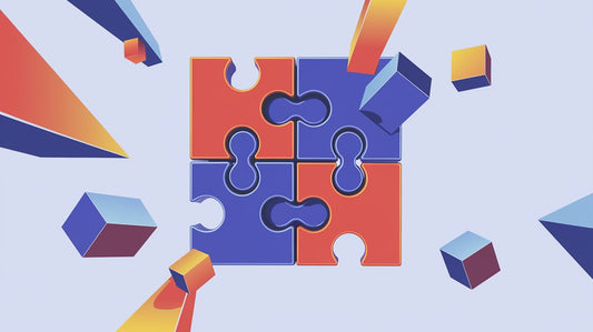 A 3D illustration of four interlocking puzzle pieces in red and blue, surrounded by geometric shapes on a light background.