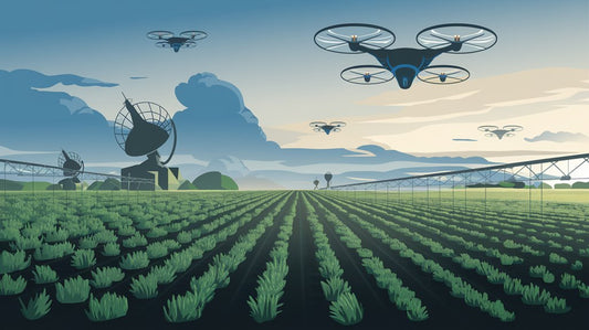 Illustration of drones flying over a large field with irrigation systems and satellite dishes under a cloudy sky.