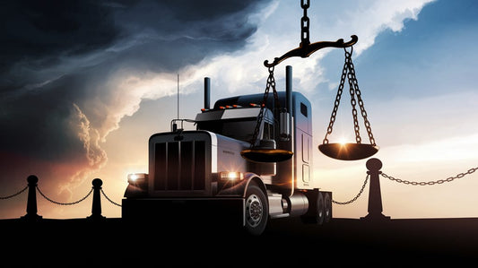 A semi-truck is parked under a dramatic sky, with scales of justice floating above it, symbolizing legal concepts.