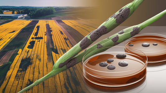 Field of crops with diseased leaves and petri dishes showing fungal growth, illustrating agricultural plant disease.